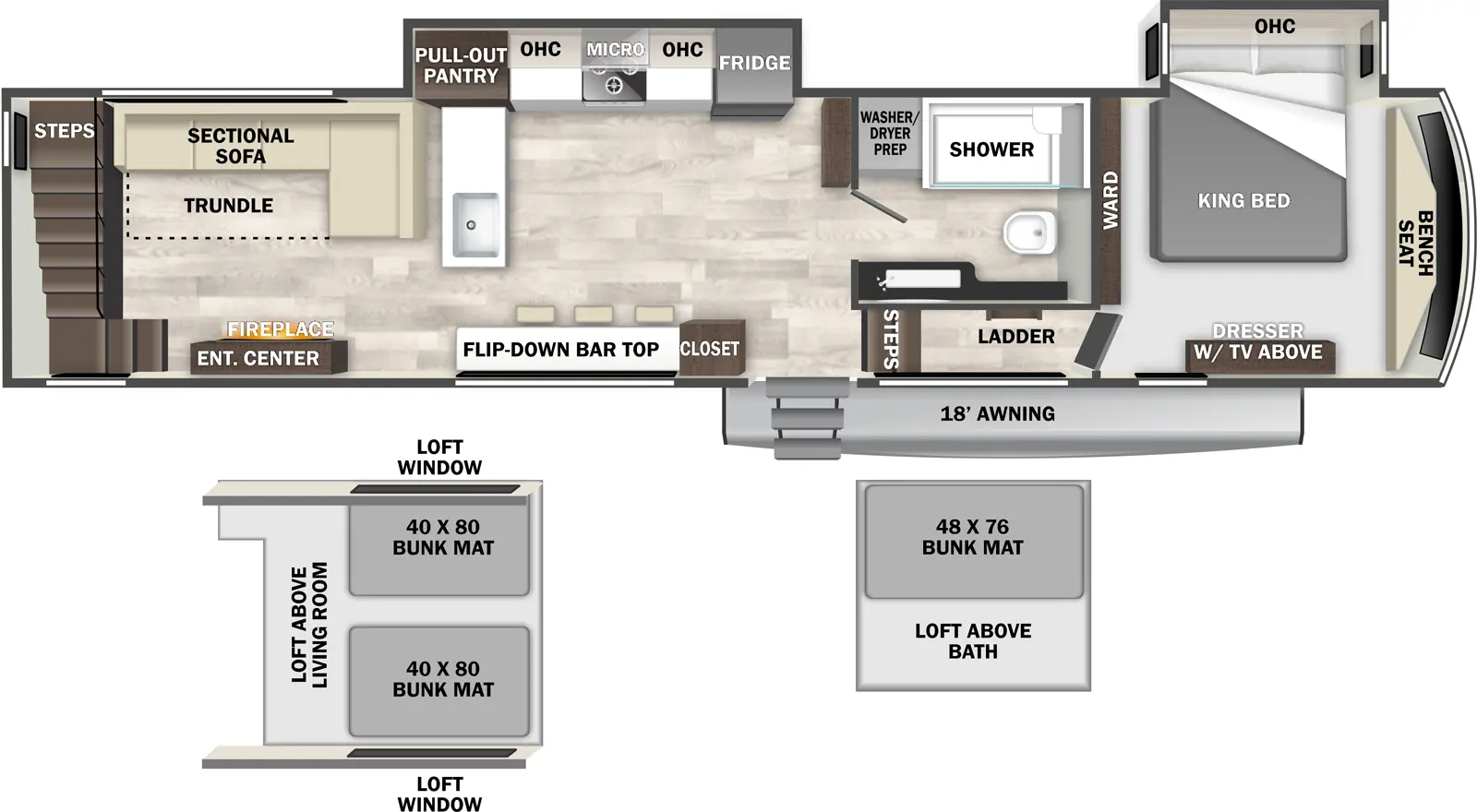 The Cedar Creek Cottage 41FWC floorplan has one entry and two slide outs. Exterior features include: fiberglass exterior and 18' awning. Interiors features include: loft, front bedroom and rear living.